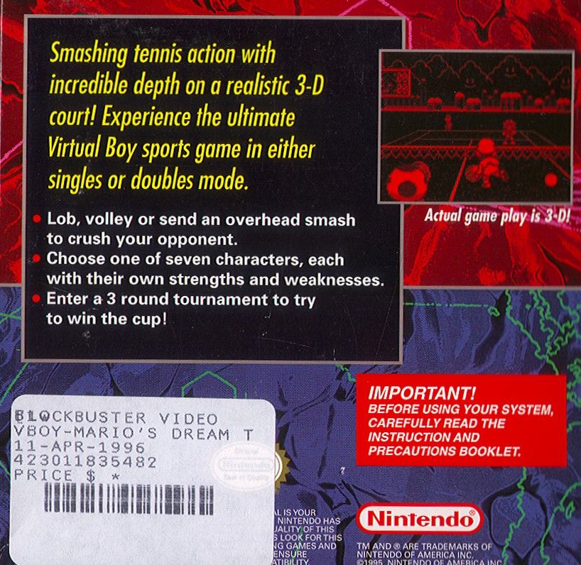 Mario's Tennis box art for Virtual Boy